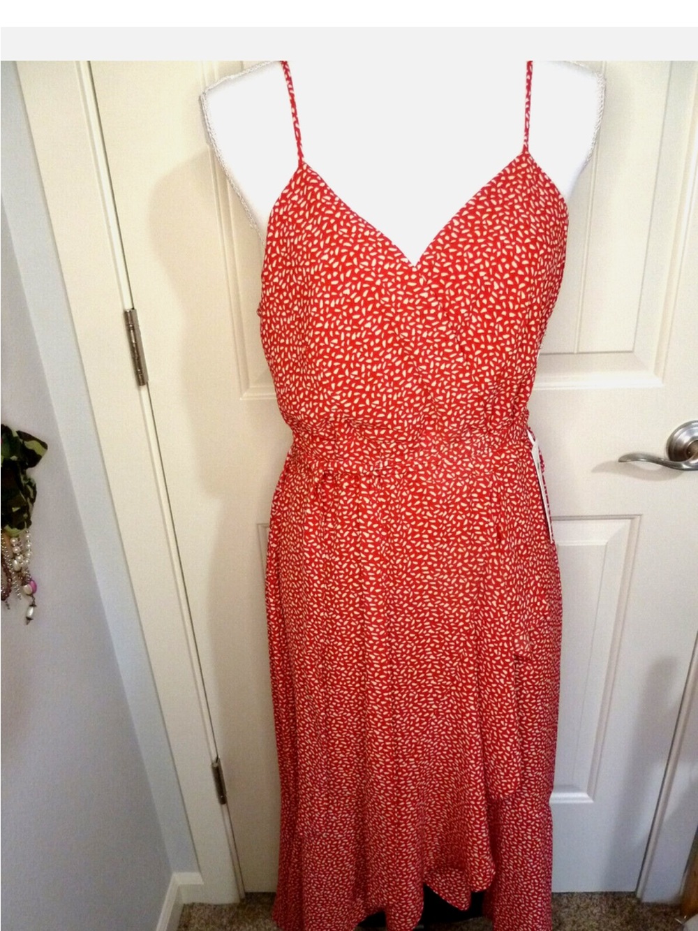 Red Spotted V-Neck  Dress with Adjustable Straps by Purple Snow